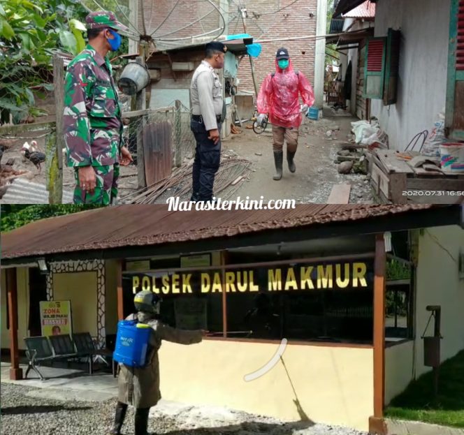 
					Polisi Semprot Disinfektan di Rumah Pasien Reaktif dan Lingkungan Mapolsek Darul Makmur