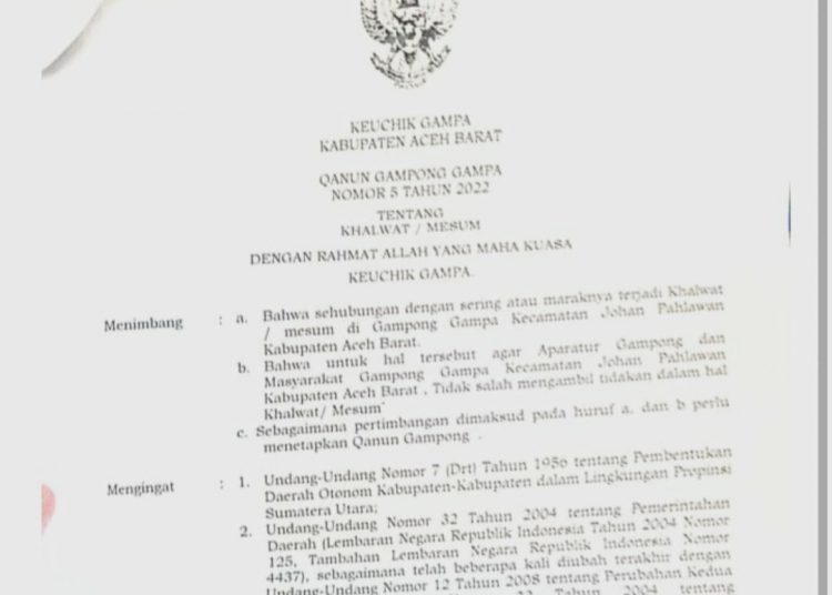 Qanun cacat hukum yang dikeluarkan oleh Keuchik Gampong Gampa, Kecamatan Johan Pahlawan Aceh Barat Jumat (21/7/2023) foto/Dani