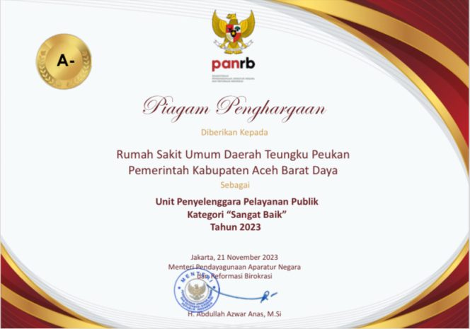 
					RSUTP Abdya Raih Penghargaan Pelayanan Publik Kategori Sangat Baik Dari Menpan RB Tahun 2023