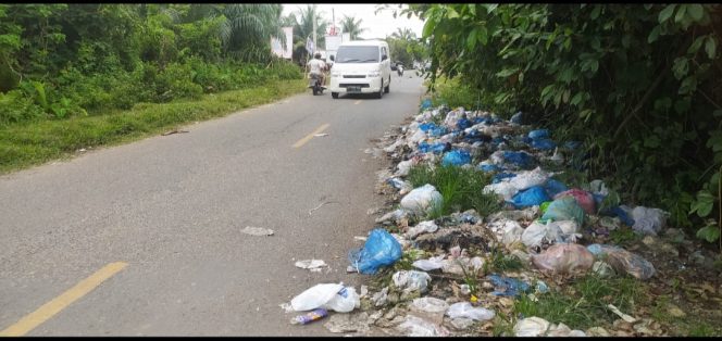 
					Bau Menyengat, Ceceran Sampah Masih Menumpuk di Pinggir Jalan Desa Meureubo