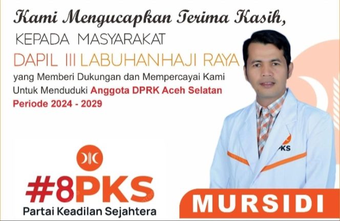 
					PKS Kabupaten Aceh Selatan Berhasil Meraih 1 Kursi DPRK dari Dapil III