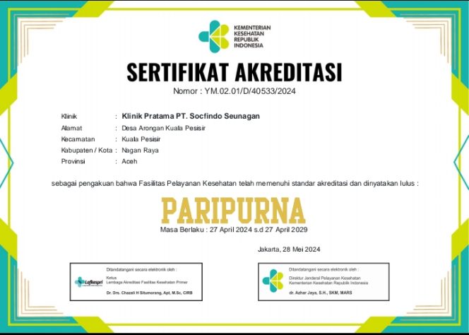 
					Sekretaris PWI Apresiasi Atas Capaian Akreditasi Klinik Pratama PT Socfindo Perkebunan Seunagan 