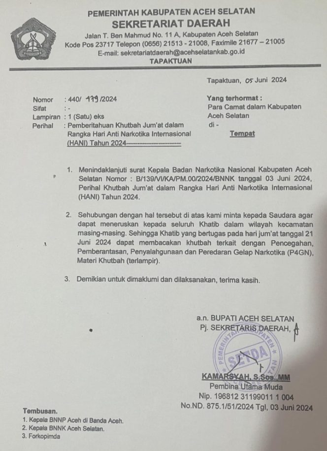 
					Pemeritah Kabupaten dan BNNK Aceh Selatan Pinta Khatib untuk Sampaikan Khutbah Jum’at Terkait P4GN