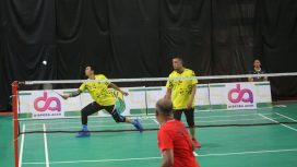 Pembulutangkis Pasangan Aguswandi dan Zulfan Klub PUPR Aceh Barat bertanding di Kerjurprov Aceh, GOR, Sigupai, Aceh Barat Daya, Senin (1/7/2024) foto/ist