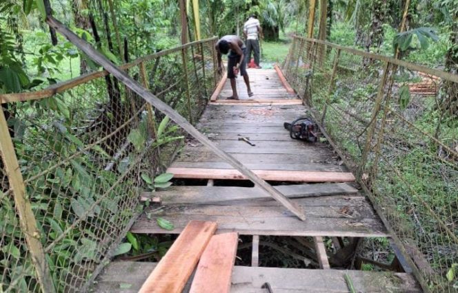 
					Sumber foto IST/ Tim PUPR Aceh Barat Perbaiki Jembatan Gantung Kajeung-Tungkop, Kecamatan Sungai Mas, Senin (16/12/2024)
