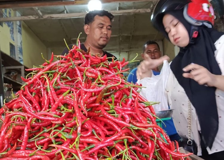 Cabai Merah di Pasar bina usaha Meulaboh,  Kabupaten Aceh Barat /Foto :Dani