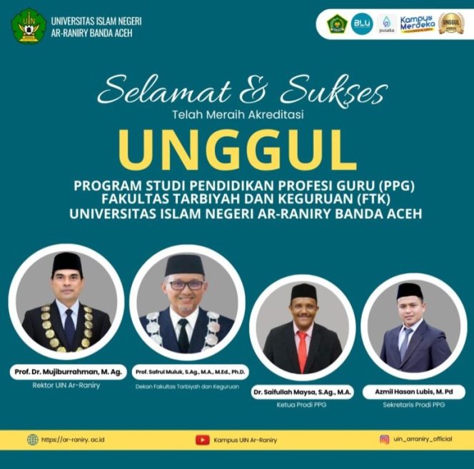 
					Program Studi PPG FTK UIN Ar-Raniry Banda Aceh Berhasil Raih Akreditasi Unggul