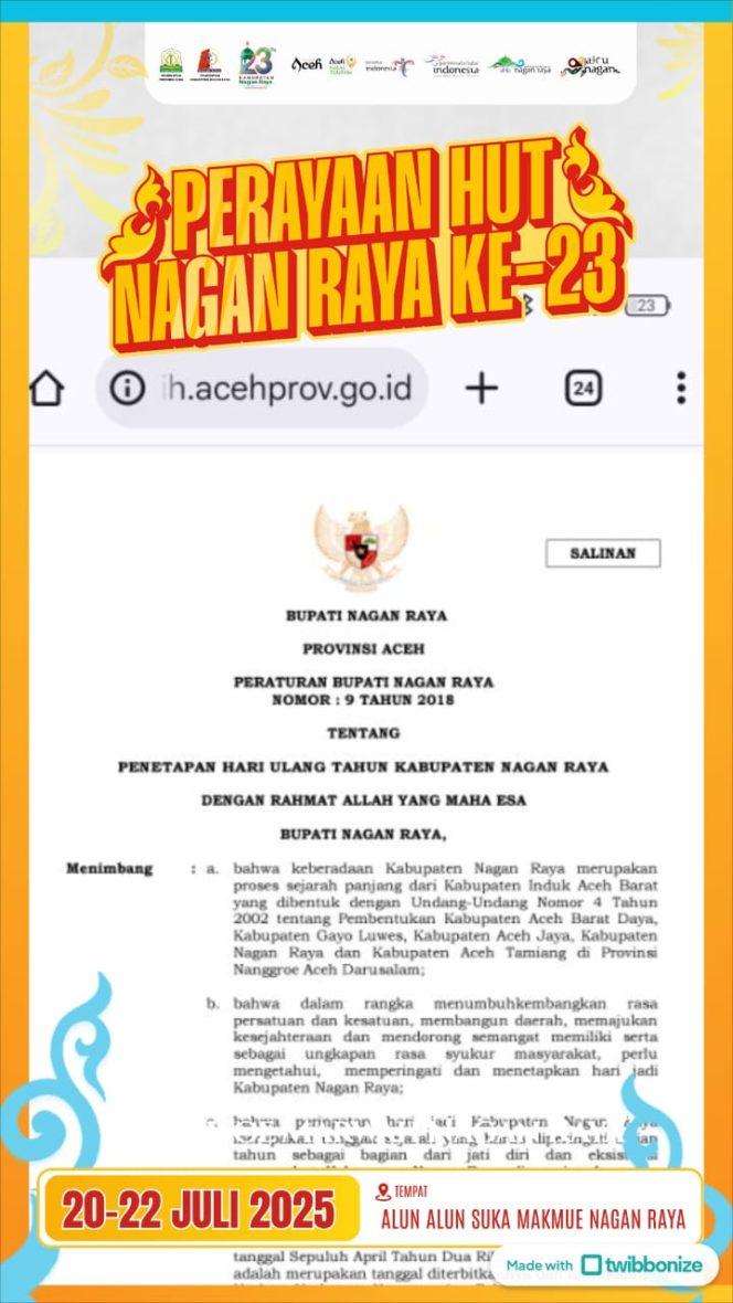 
					Perbup Nomor 9 Tahun 2018 Tentang HUT Nagan Raya Tak Berlaku Lagi, Ini Keterangannya….