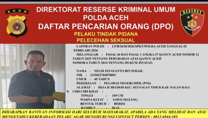 
					Oknum ASN Dinas Syariat Islam Aceh Masuk DPO Kasus Dugaan Pelecehan Seksual terhadap Mahasiswi Asal Nagan Raya