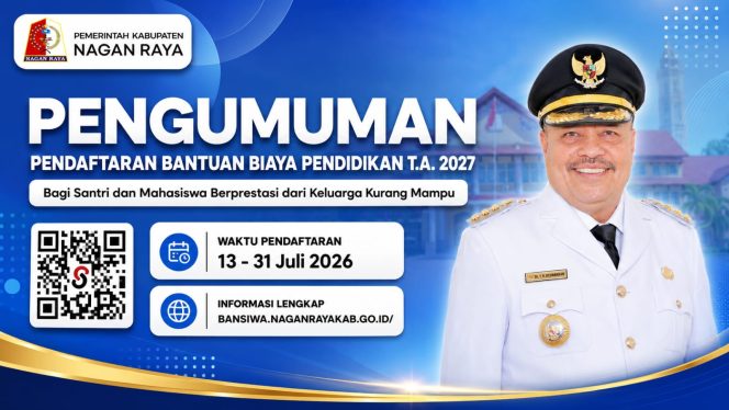 
					Pemkab Nagan Raya Buka Pendaftaran Bantuan Biaya Pendidikan bagi Mahasiswa Berprestasi dan Santri Dari Keluarga Kurang Mampu Dalam Kabupaten Nagan Raya Tahun Anggaran 2027